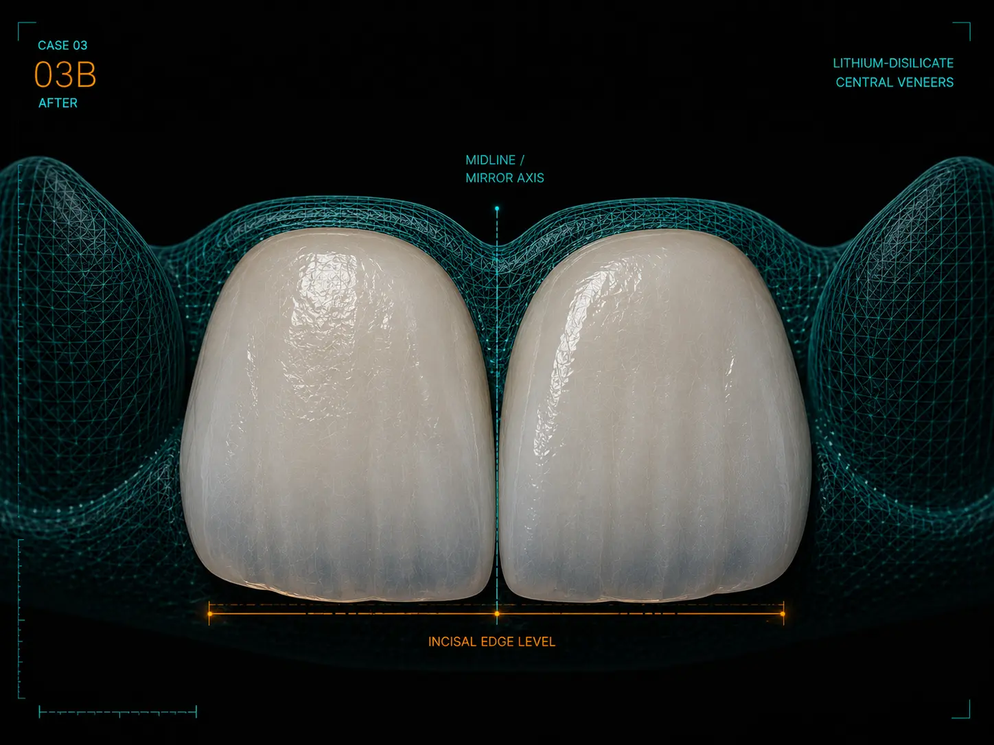 Two lithium disilicate central veneers designed to a marked midline and incisal edge level
