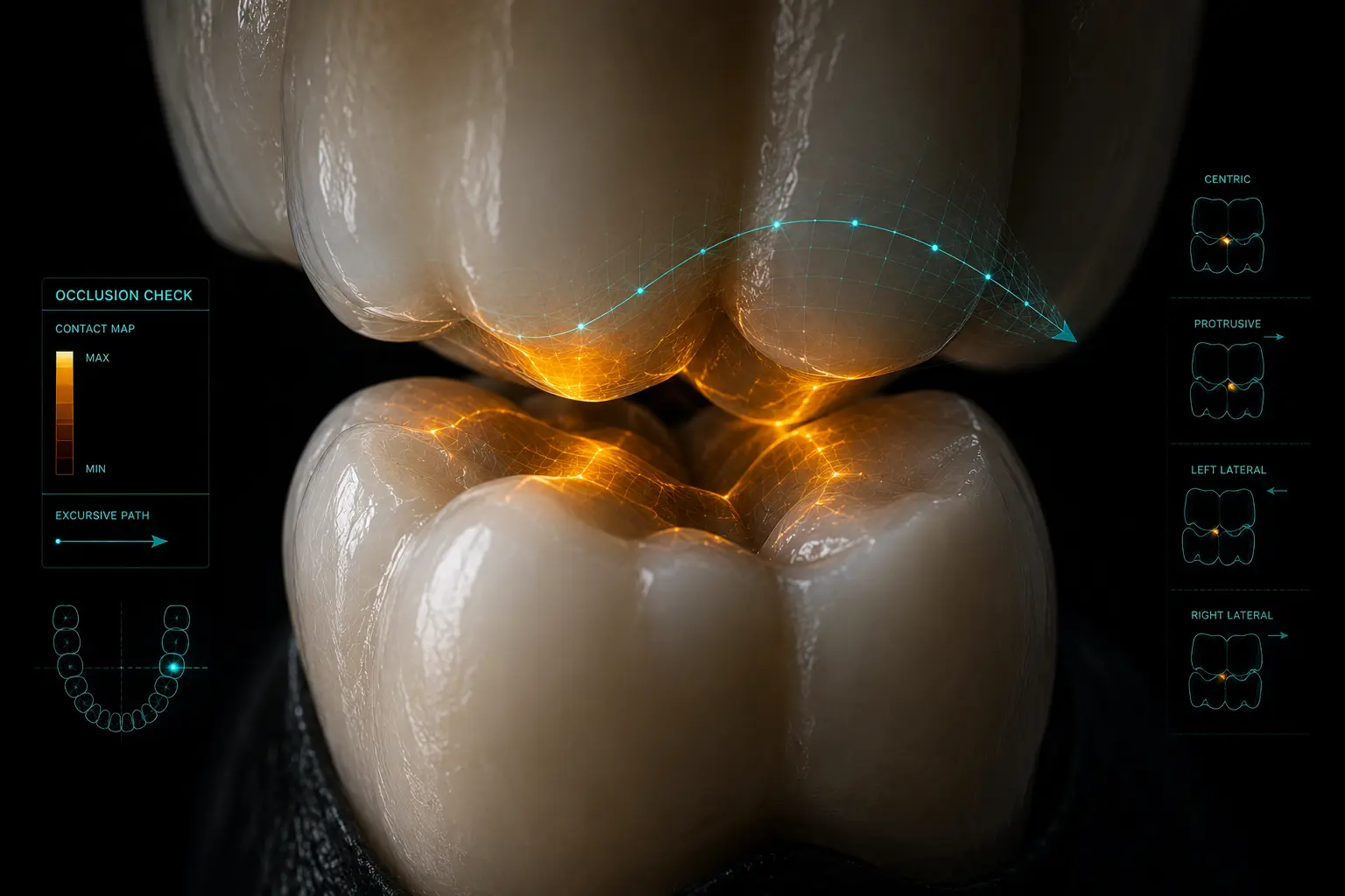 Amber occlusal contact map and excursive path checked between opposing crowns