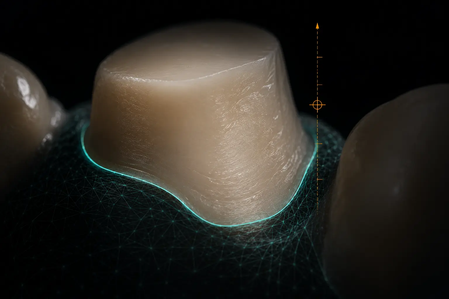 Margin line traced in glowing teal around a prepared die during crown design