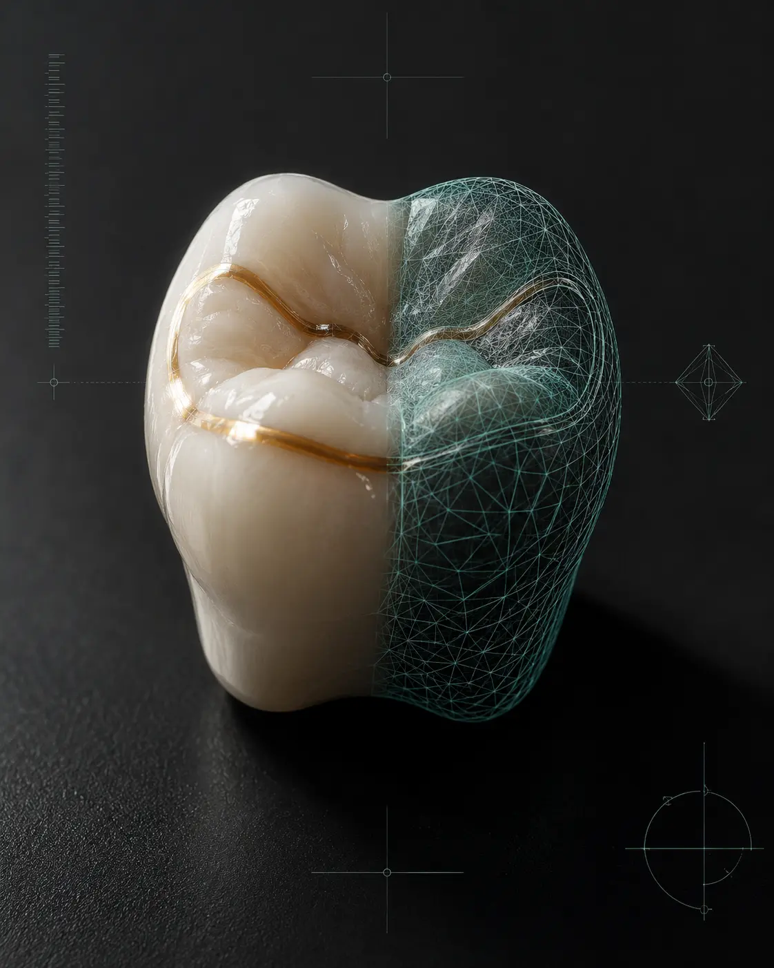Digital dental design: teal CAD wireframe molar mesh with porcelain crown surface on an obsidian viewport