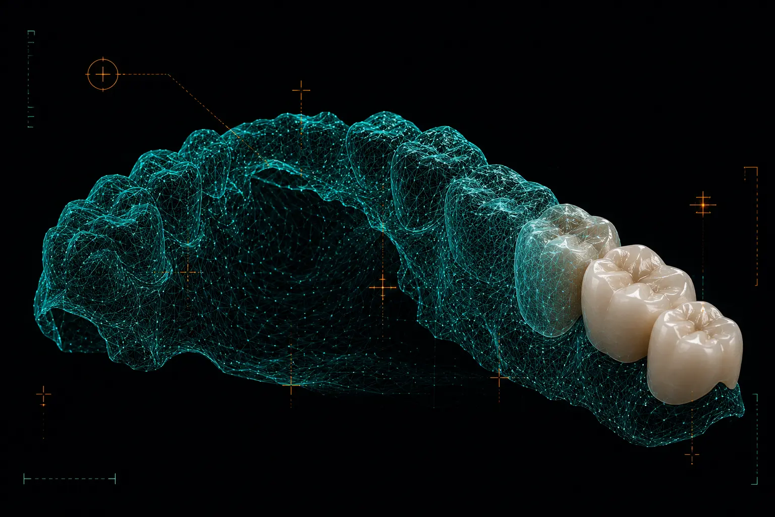 Intraoral scan mesh at intake: teal STL arch with three seated crown designs